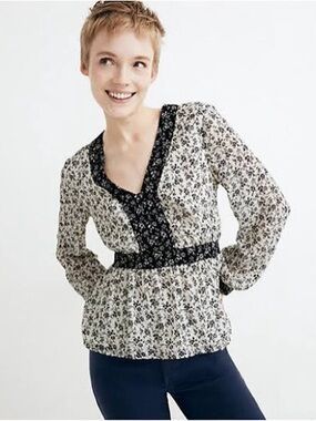 Madewell Clip-dot Branch Floral V-Neck Peplum Top Black White Dainty Monochrome